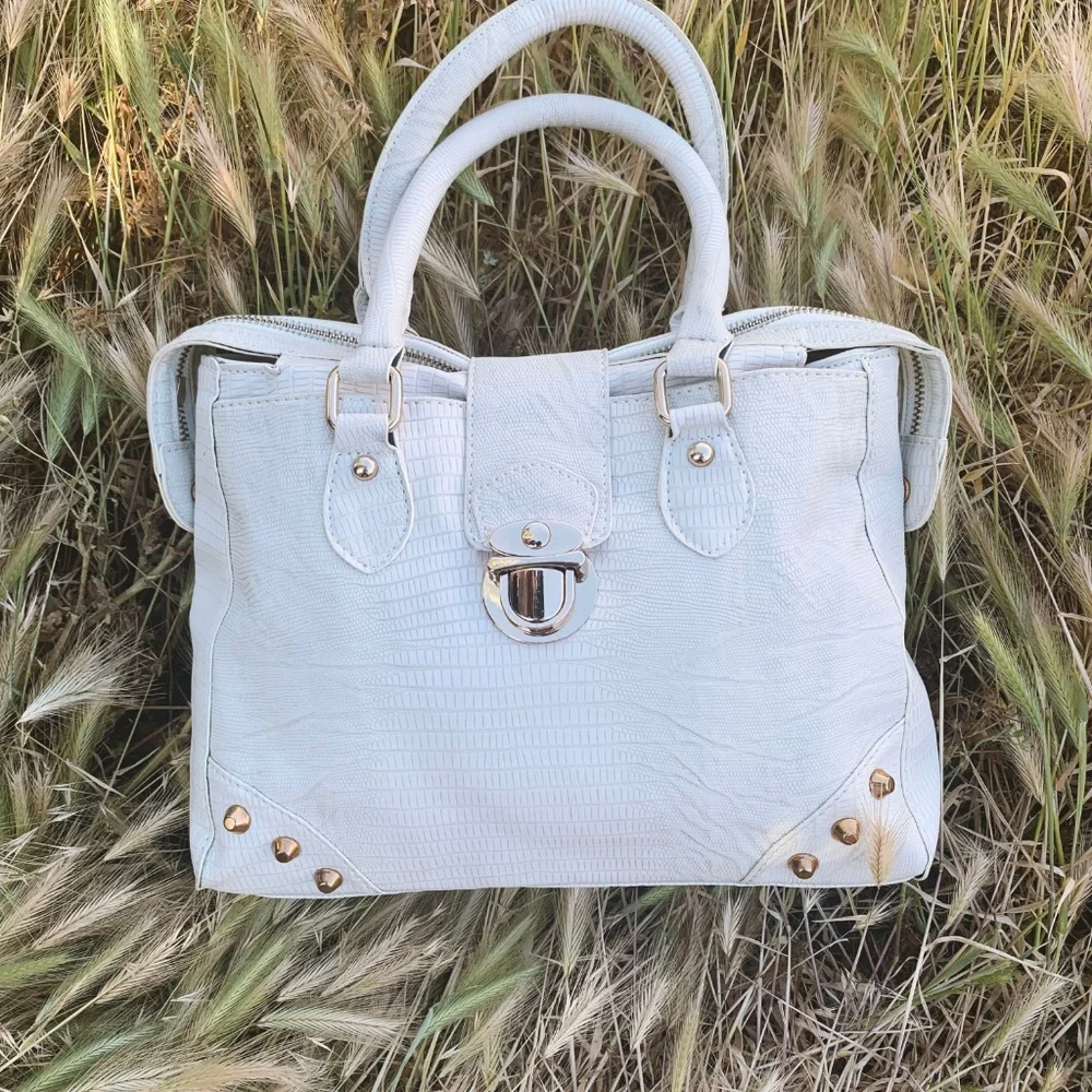 Structured White Satchel with Gold-Tone Accents - Women Bags